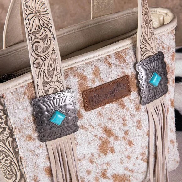 Wrangler Cowhide Tote Bag for Women Western Tooling Handbag Leather Fringing wit